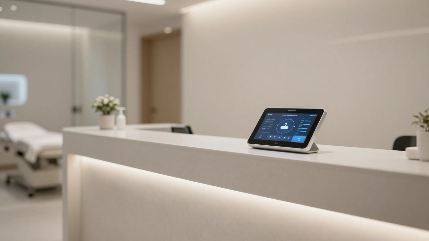 Medspa reception with AI interface preventing revenue loss.