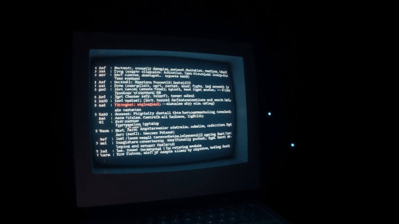 Vintage computer terminal with glowing code and abstract network lines.