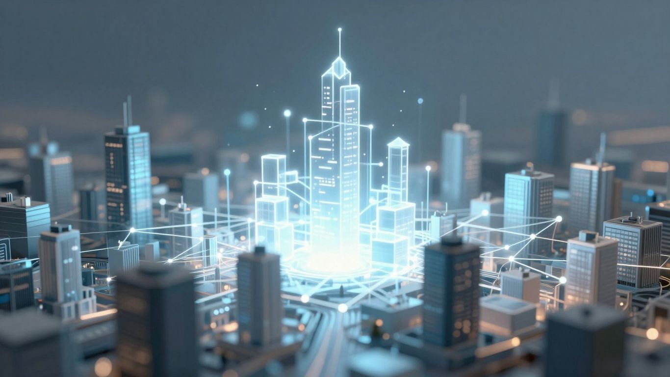 Futuristic city with glowing blockchain network.