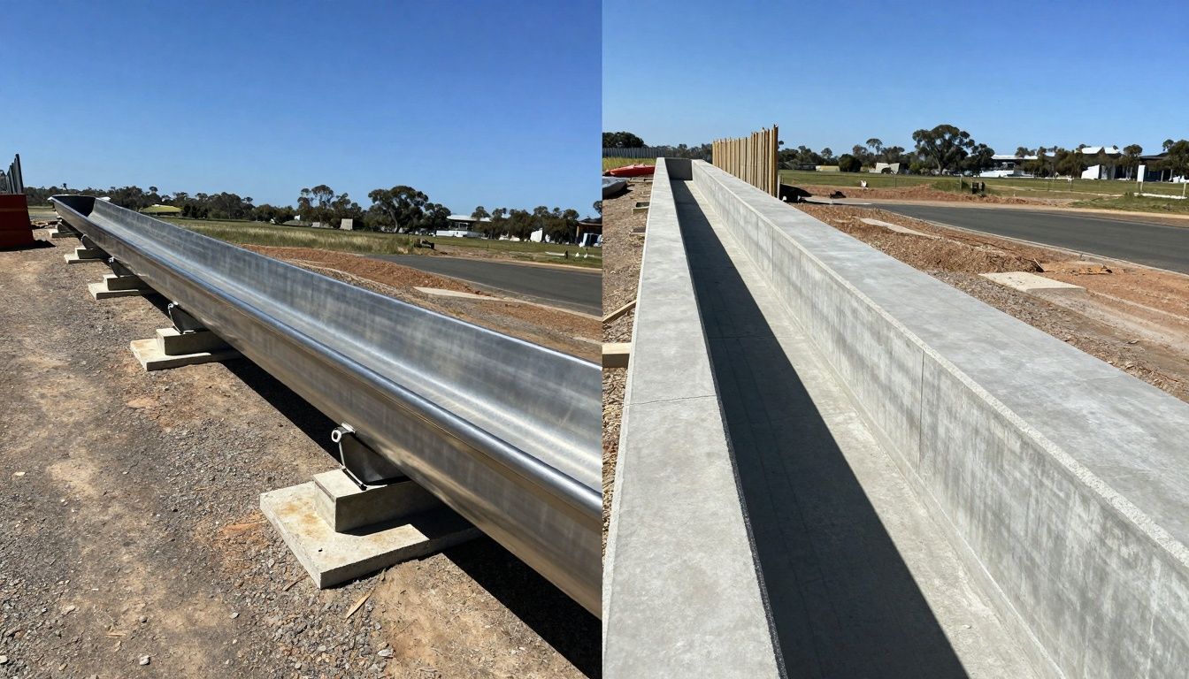Stainless steel drainage channel beside precast concrete channel, side-by-side comparison in an Australian construction setting