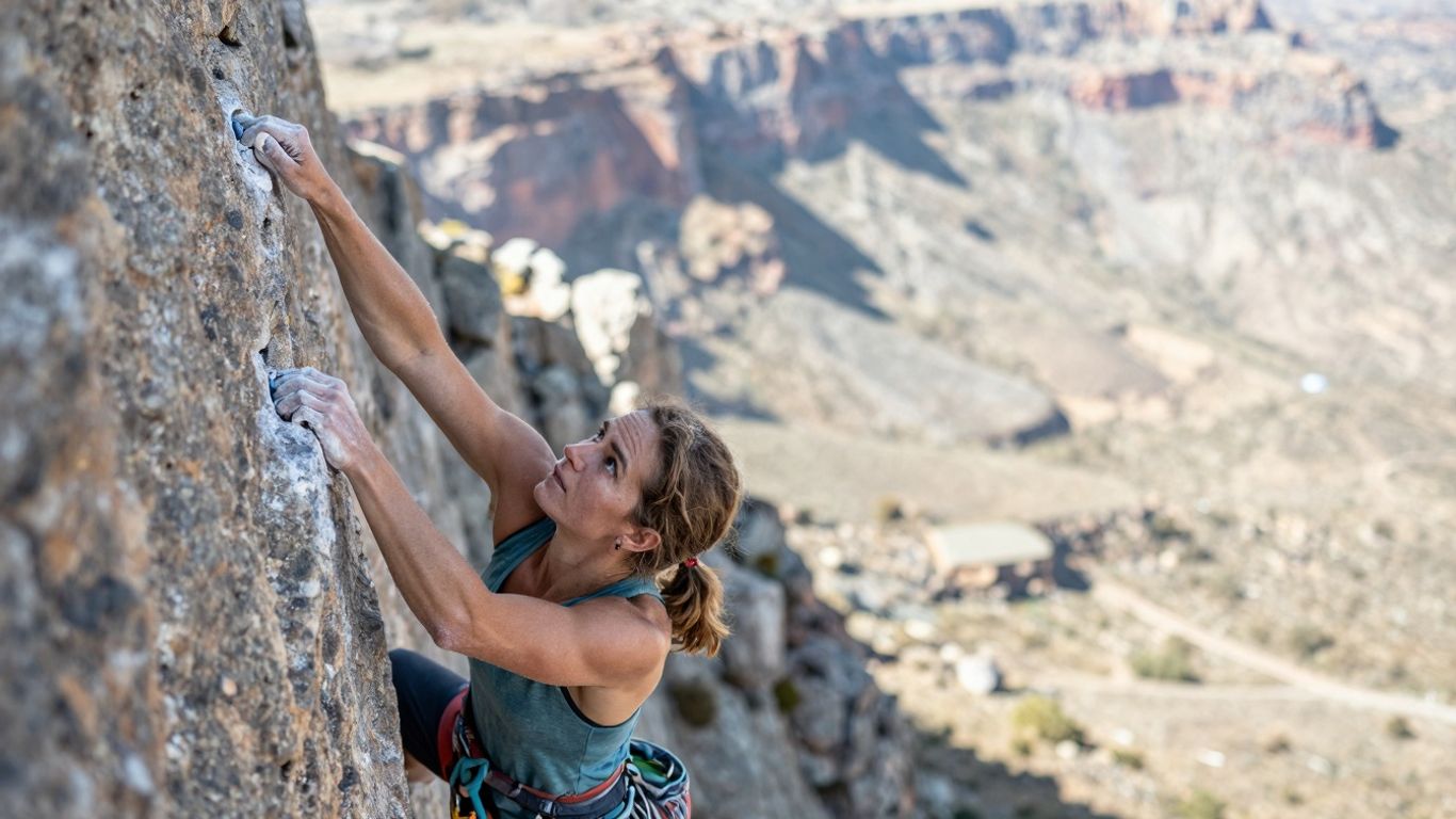 Hazel Findlay climbing a difficult rock face.