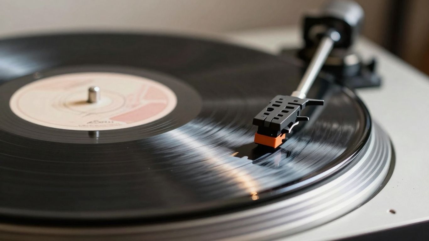 Vinyl record spinning on turntable, close-up shot.