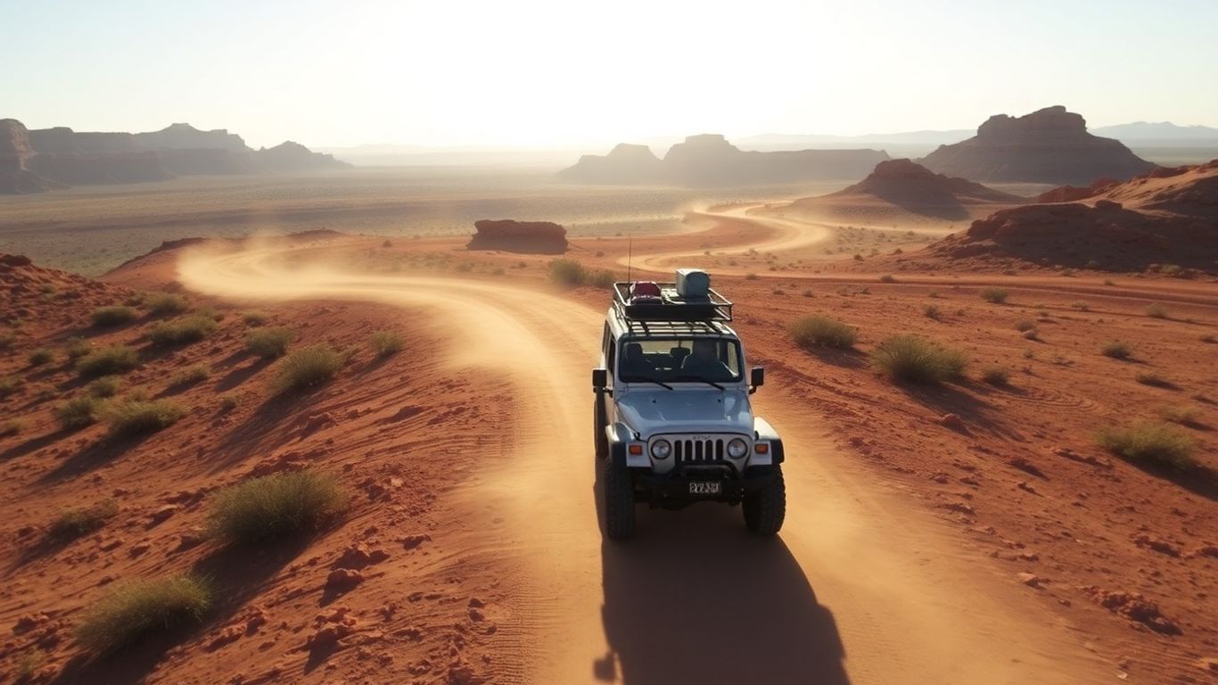 Geländewagen auf staubiger Piste in abgelegener Landschaft