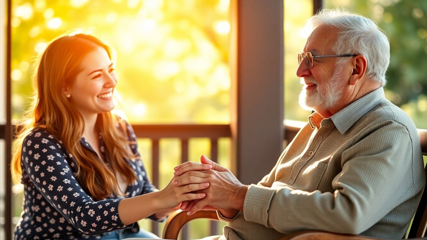 Young woman and elderly man holding hands, smiling.