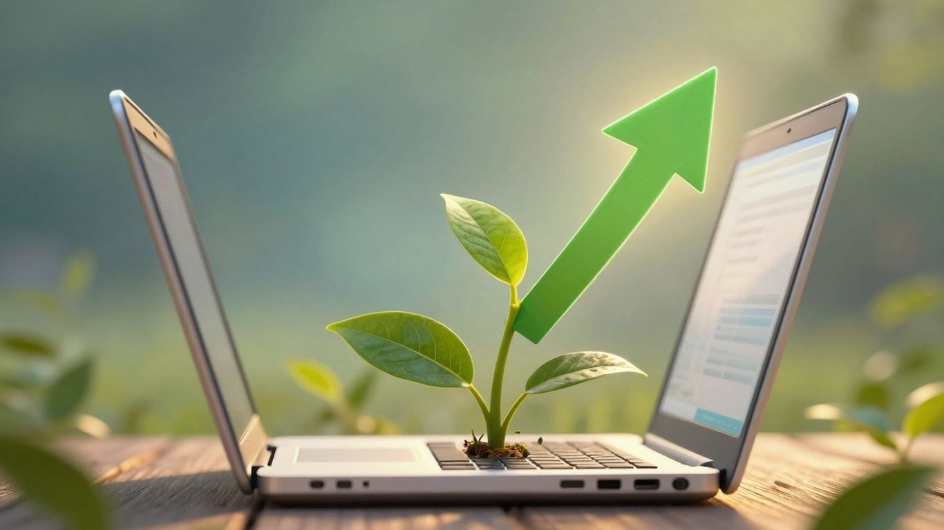 Business growth arrow emerging from laptop screen.