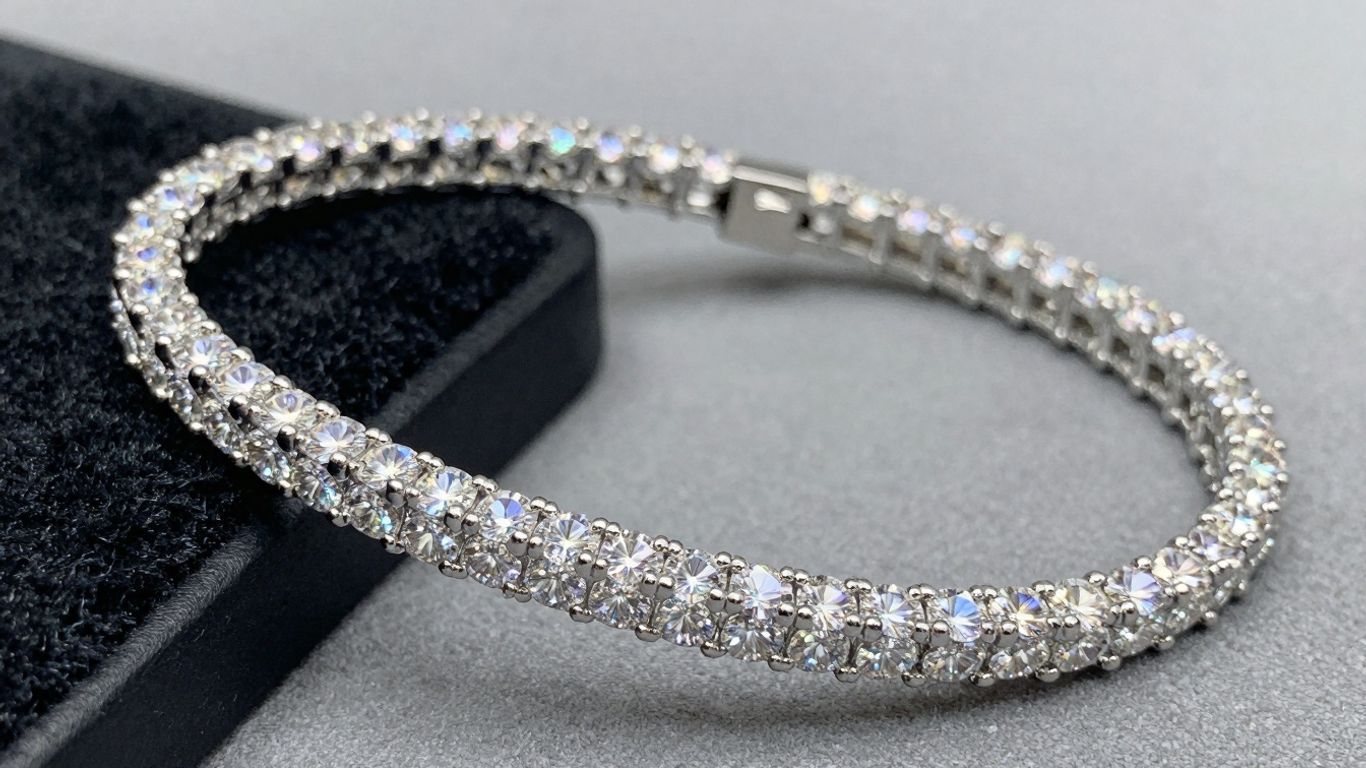 Diamond tennis bracelet sparkling with light.