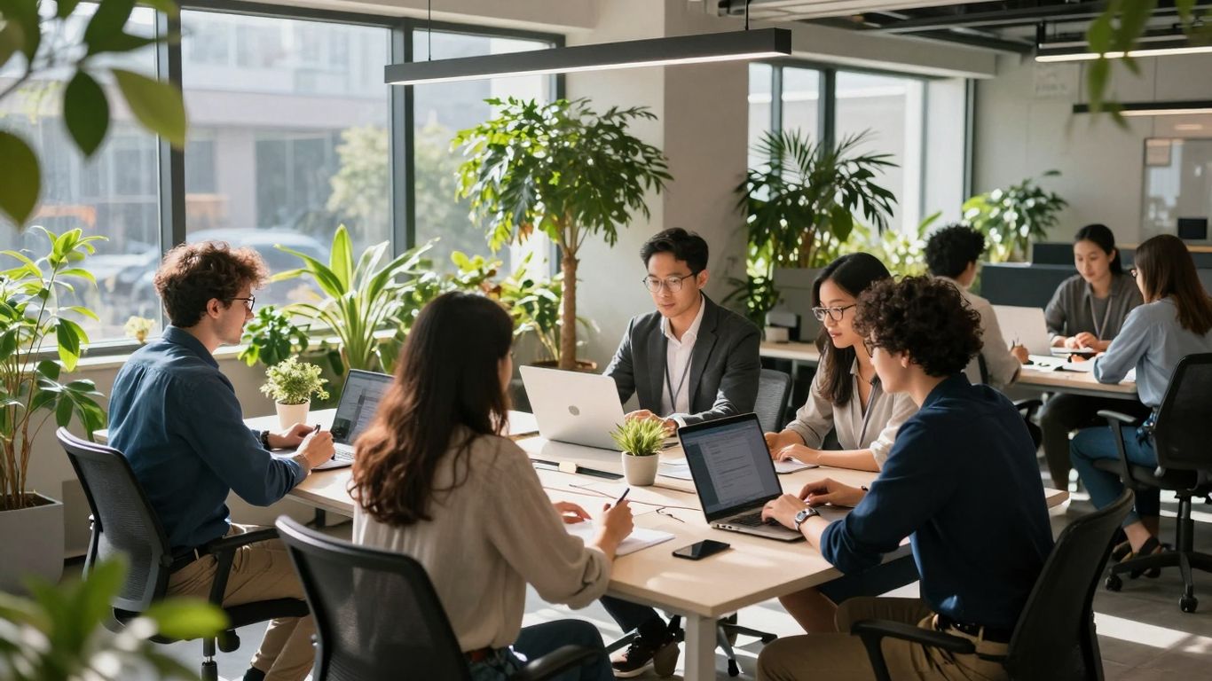 Diverse team collaborating in a bright, modern office.