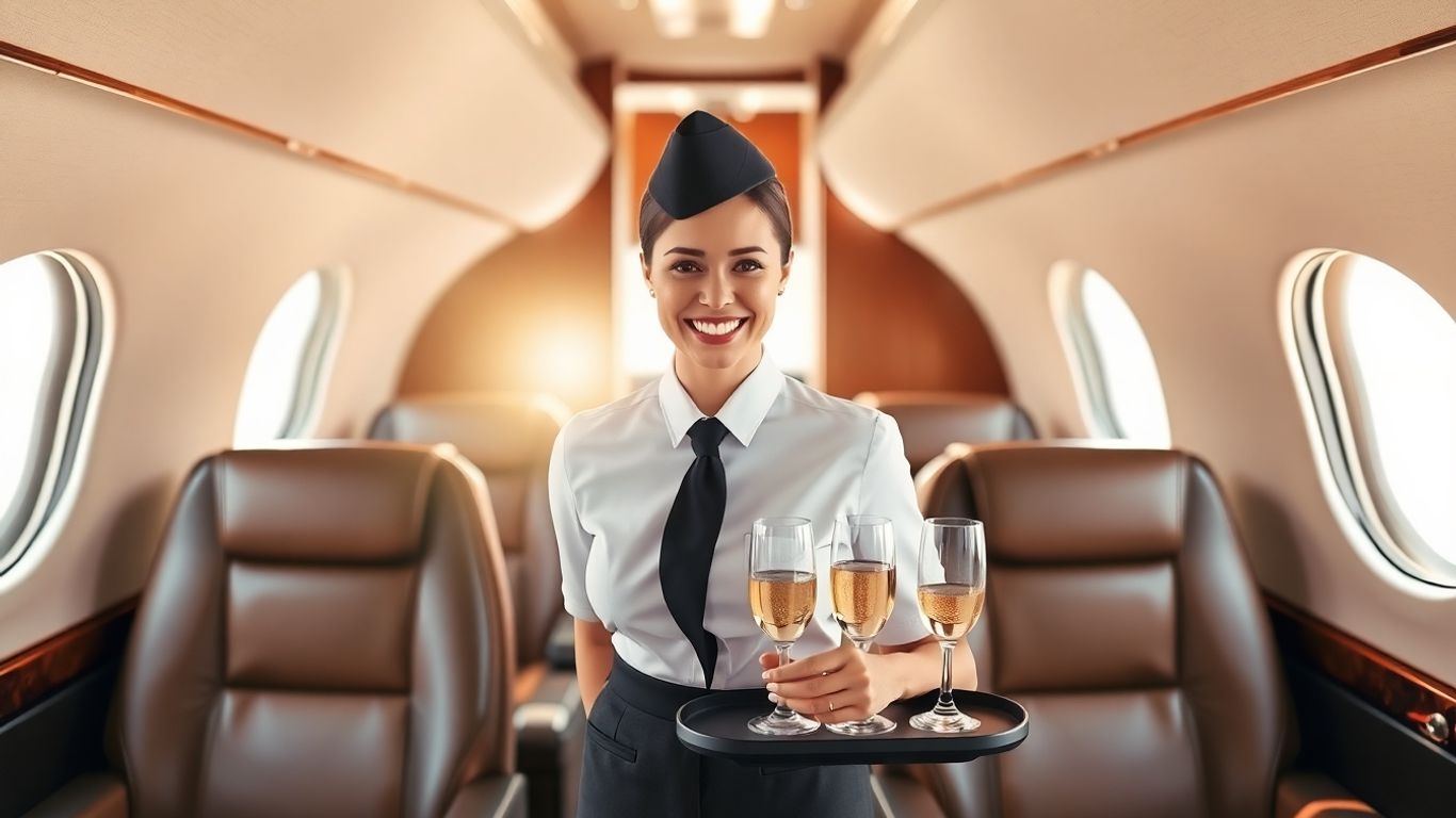 Flight attendant serving champagne on a private jet.