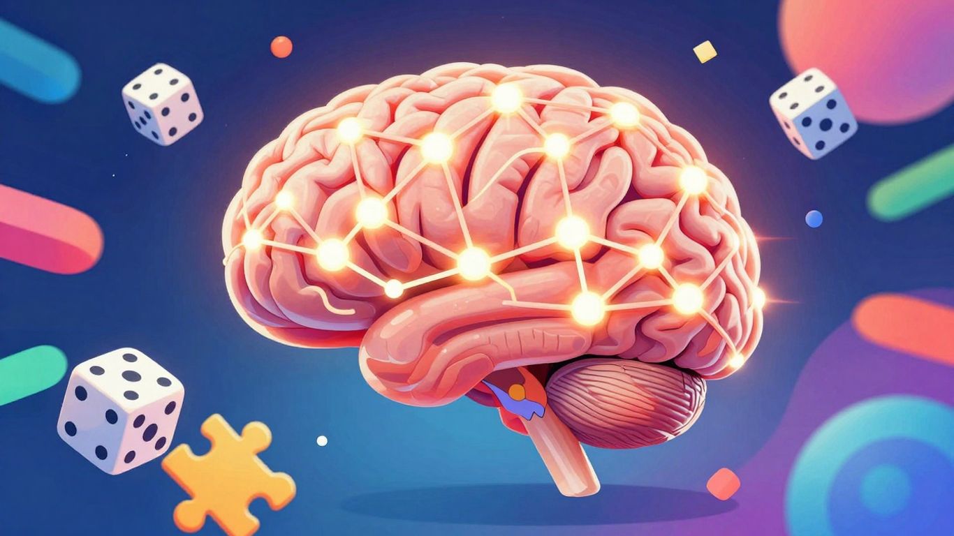Brain with game elements, illustrative style.
