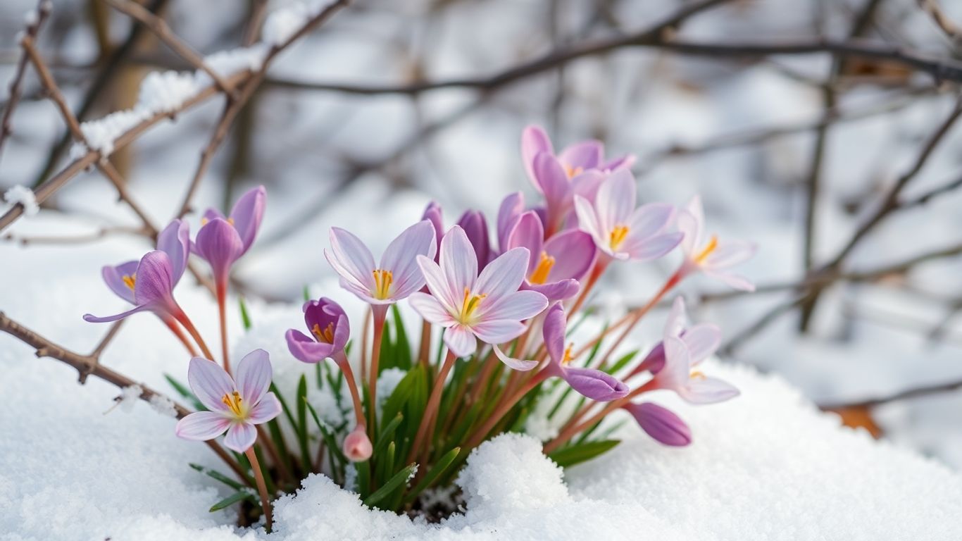 Bunte Winterblumen blühen im Schnee.