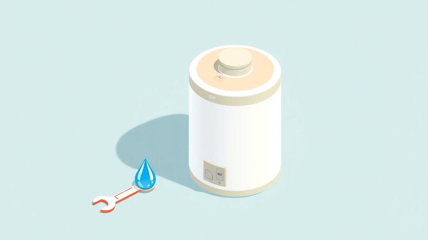 Isometric water heater with maintenance tools and water droplet.