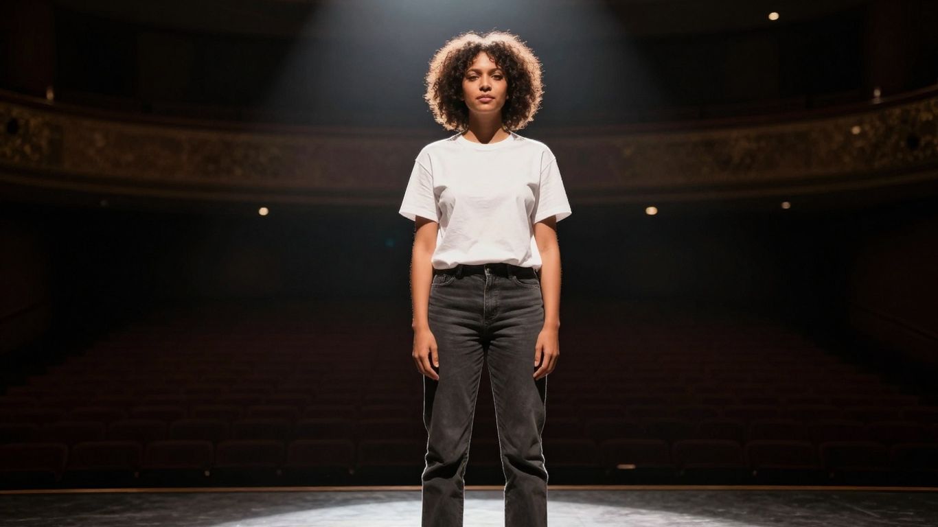 Person steht auf einer Bühne im Scheinwerferlicht.