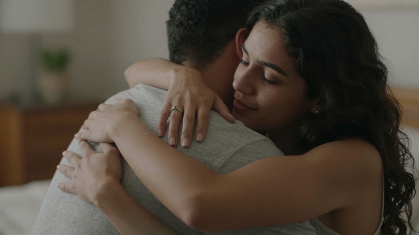 Couple in a casual, intimate embrace, blurred background.