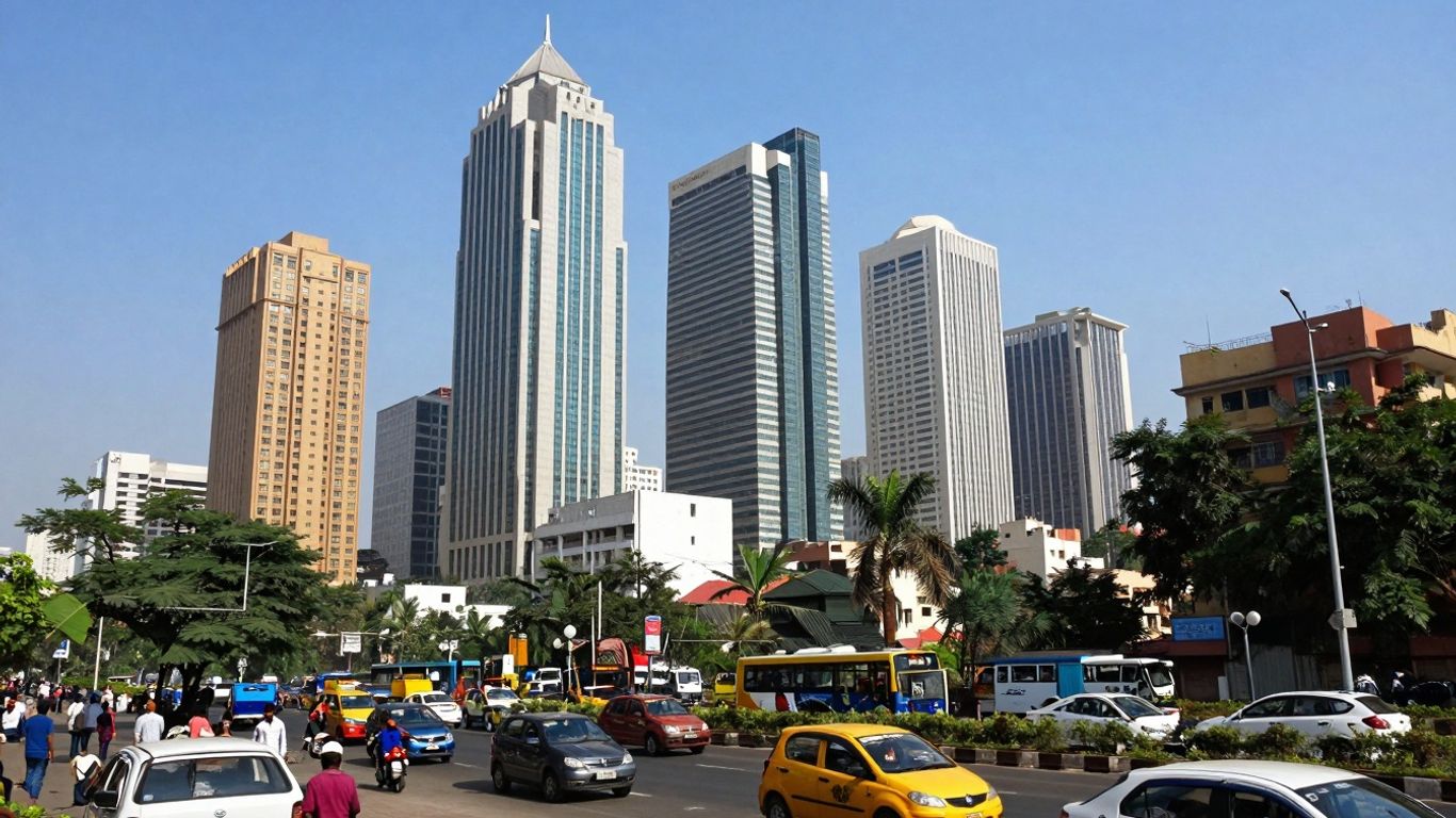 Modern Indian cityscape with bustling streets, symbolizing economic growth.