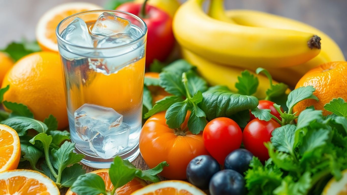 Fructe, legume și apă pentru echilibru fizic.