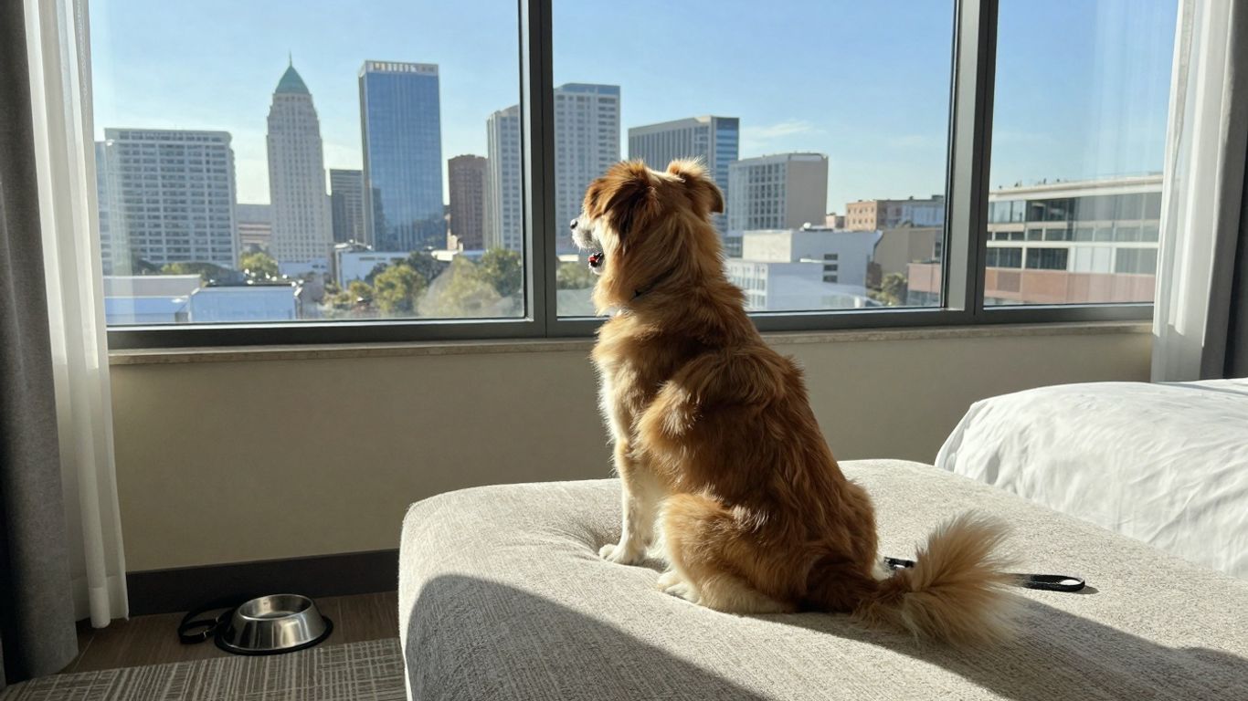 Dog relaxing in a pet-friendly hotel room in Austin.