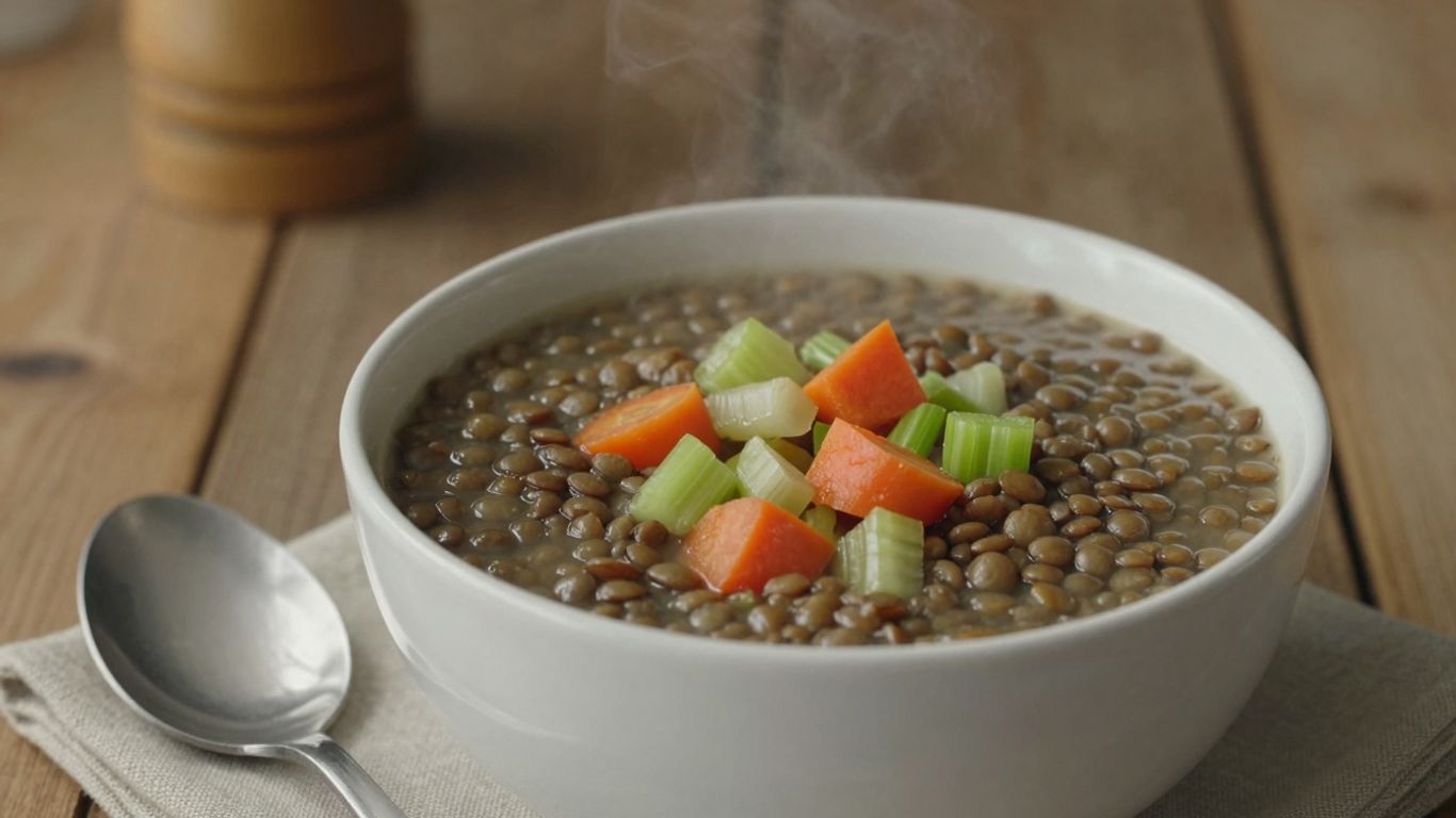 Steaming bowl of hearty lentil soup with vegetables.