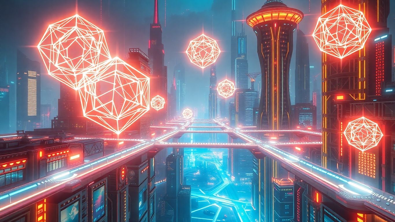 Futuristic digital cityscape with glowing pathways and floating geometric shapes.