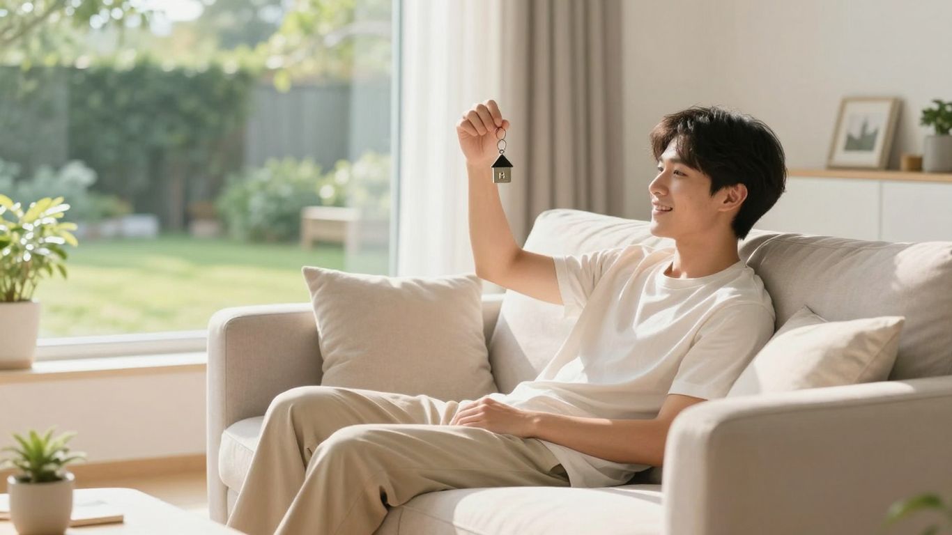 Persona sonriendo en un sofá con llave de casa.