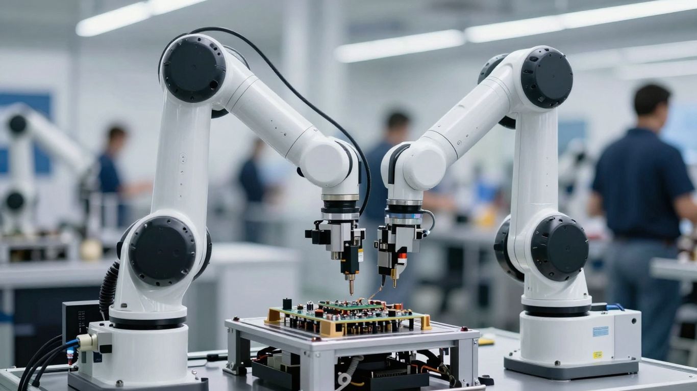 Robotic arm asamblează componente electronice pe o linie de producție.