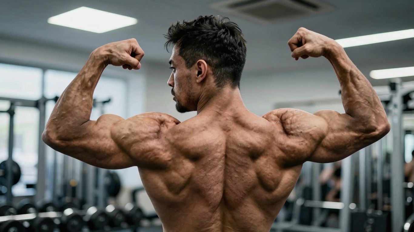 Bodybuilder with defined muscles in a gym.