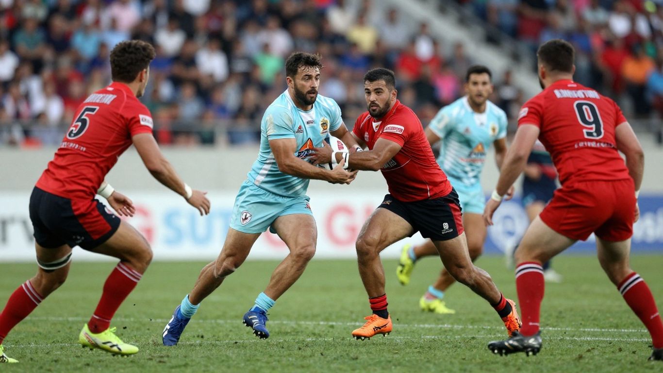 Rugby league players in action on a field.
