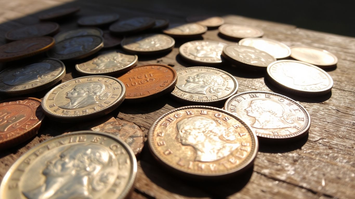 Vintage coins on a wooden surface.