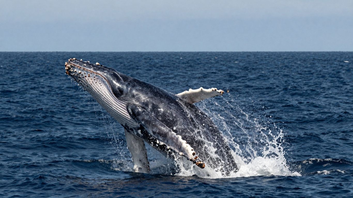 Humpback whale breaching in the ocean.