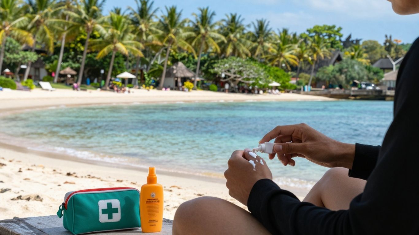 Person applying sunscreen on a Bali beach with a first-aid kit.