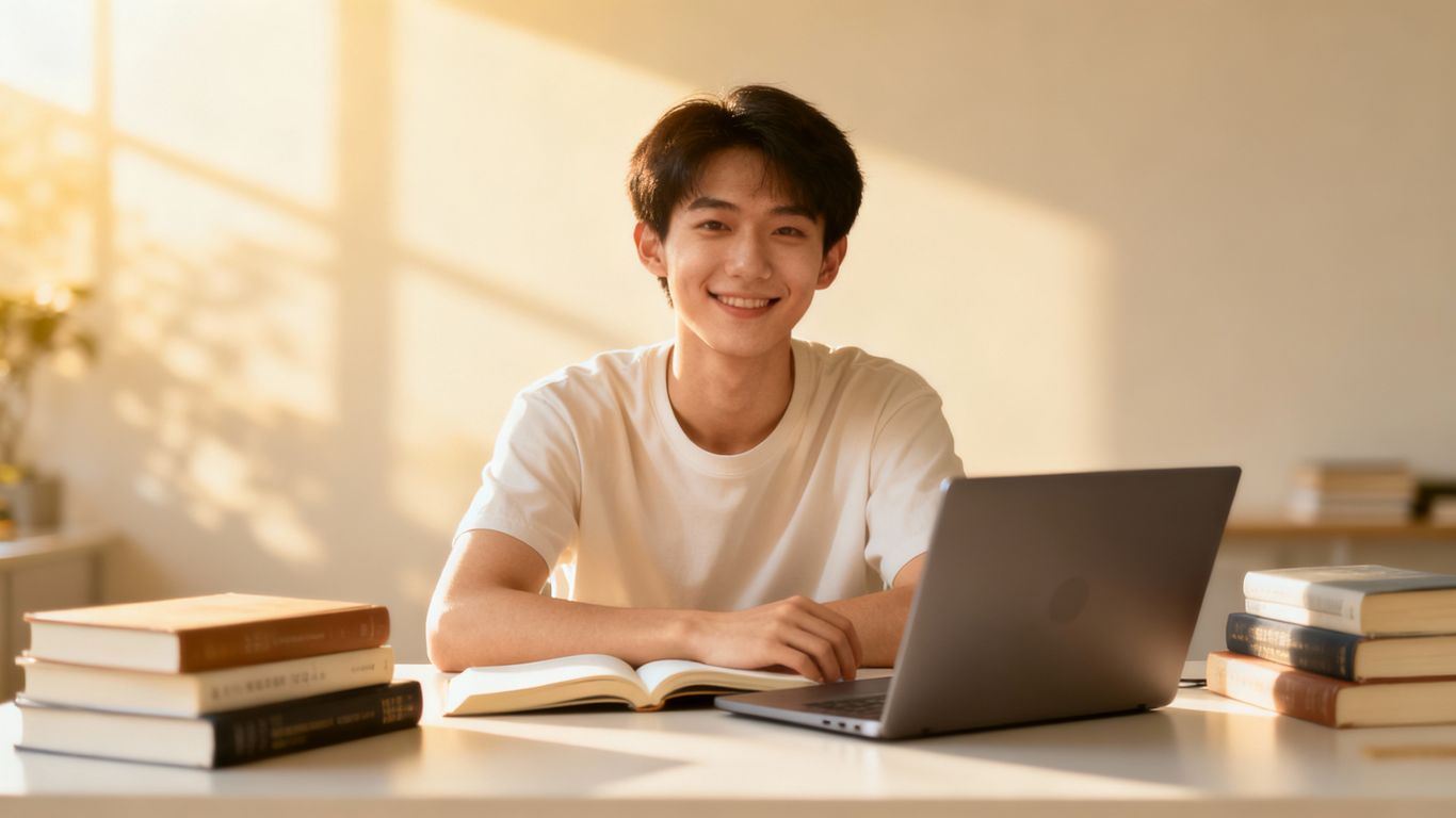 Person studying calmly at a desk with books and laptop.