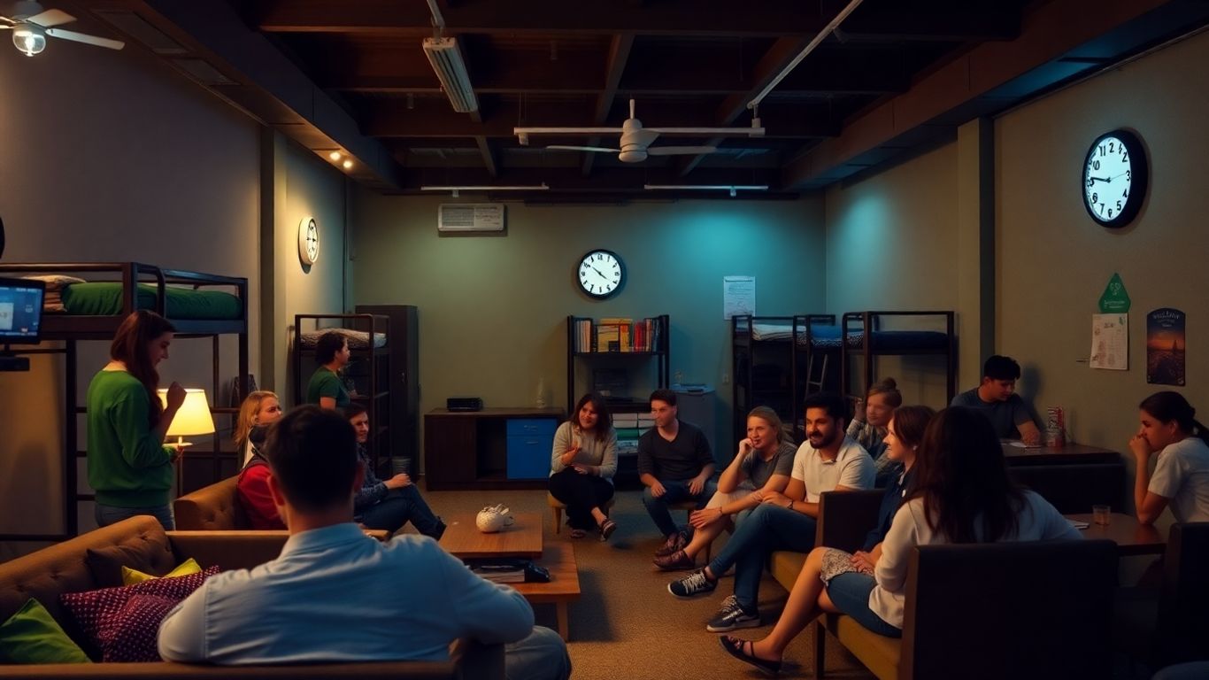 Hostel staff assisting guests in common area at night.