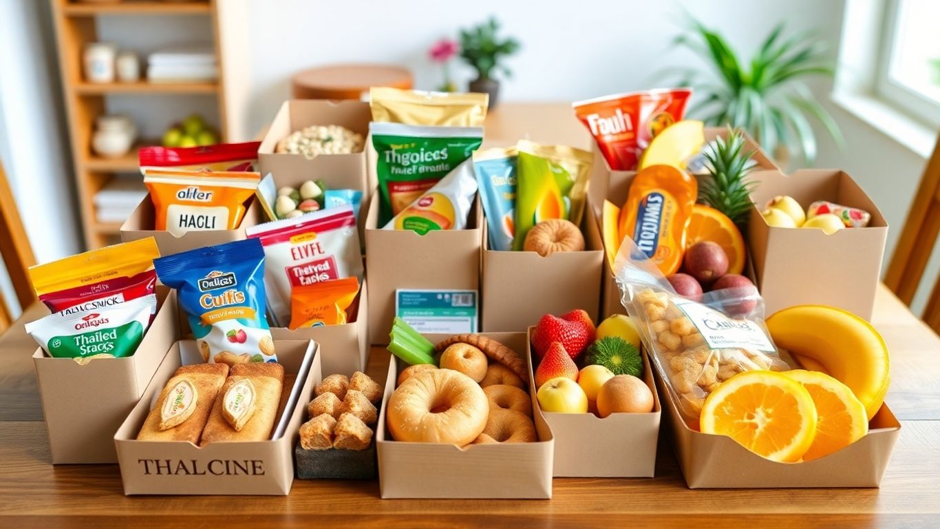 ขนมกล่องหลากหลายแบบบนโต๊ะไม้ในบ้าน