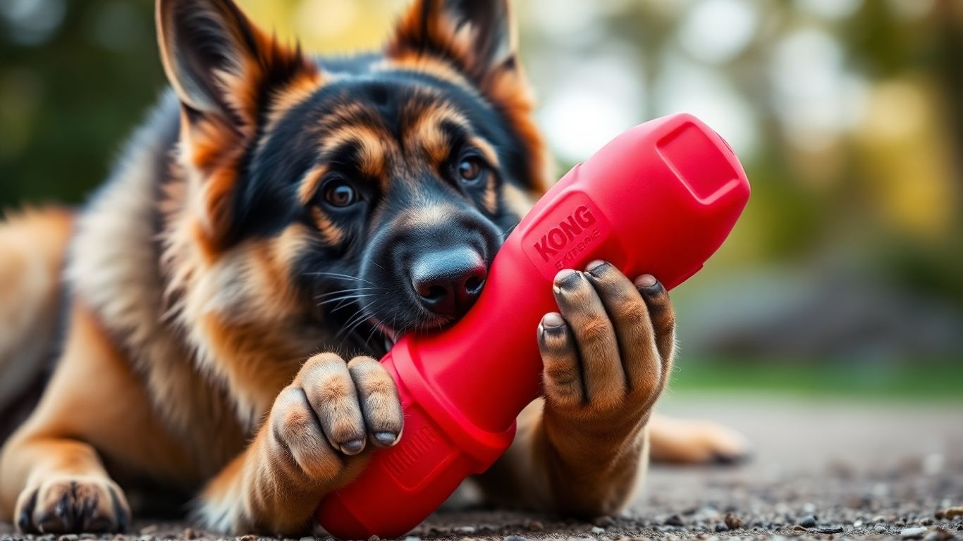 Dog chewing a red KONG Extreme toy outdoors.
