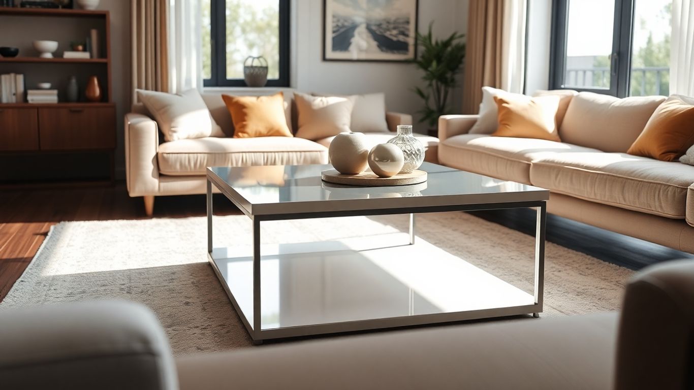 Modern living room with square coffee table.