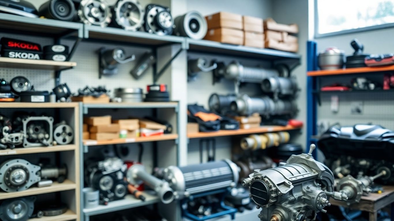 Skoda car parts arranged in a workshop.