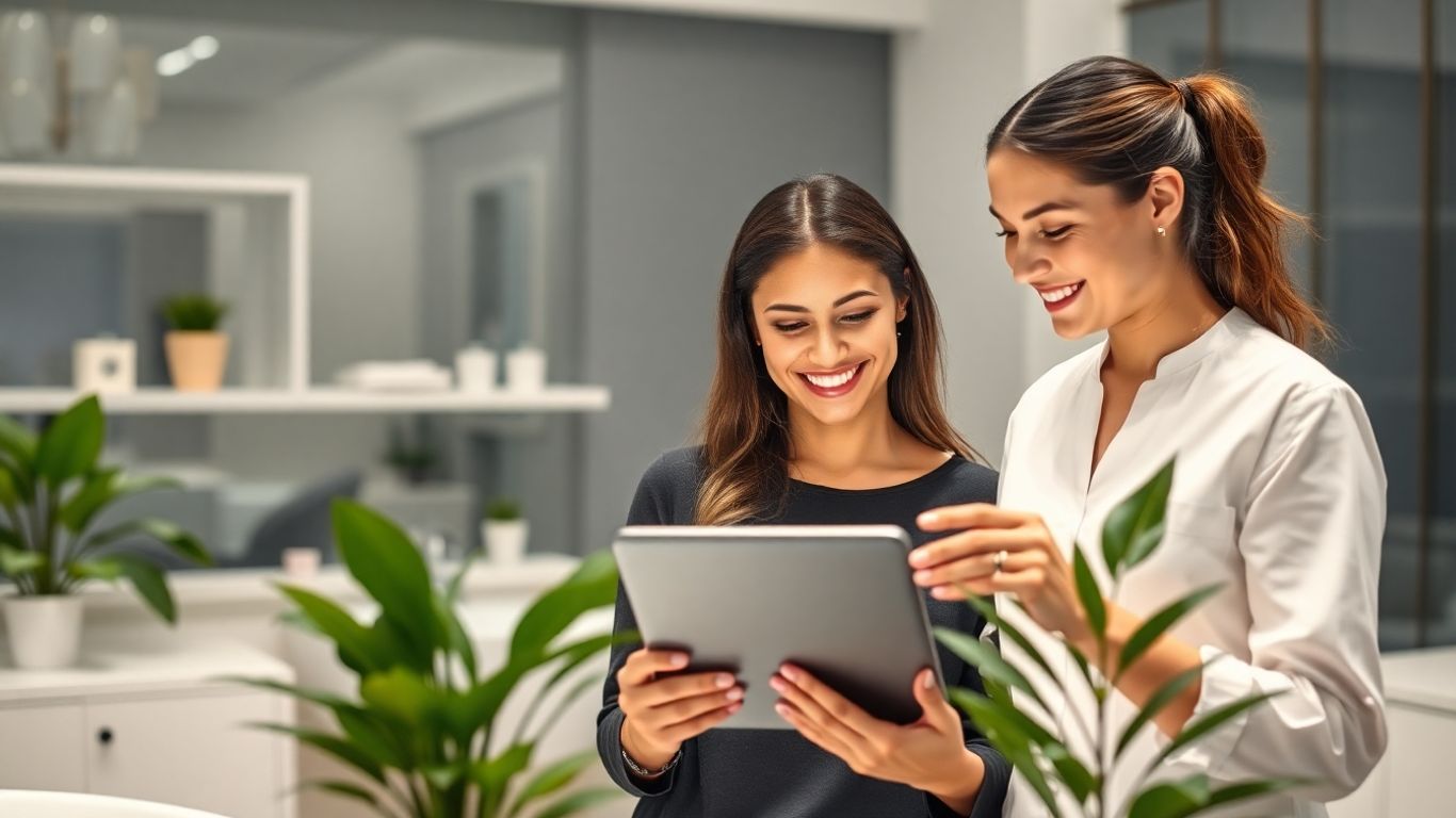 Aesthetic clinic with patient and practitioner using technology.