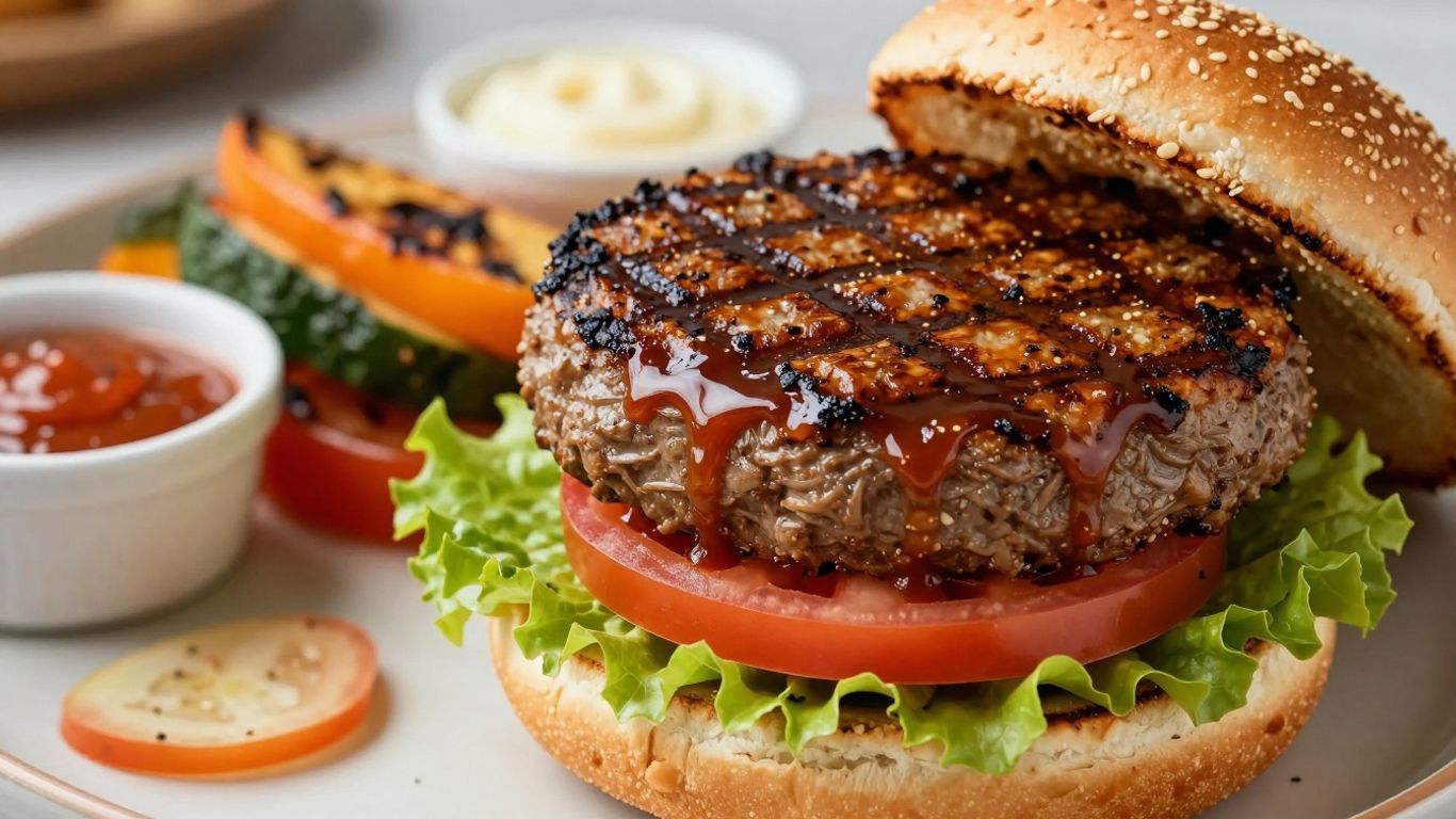 Grilled vegetarian burger with barbecue sauce and toppings.