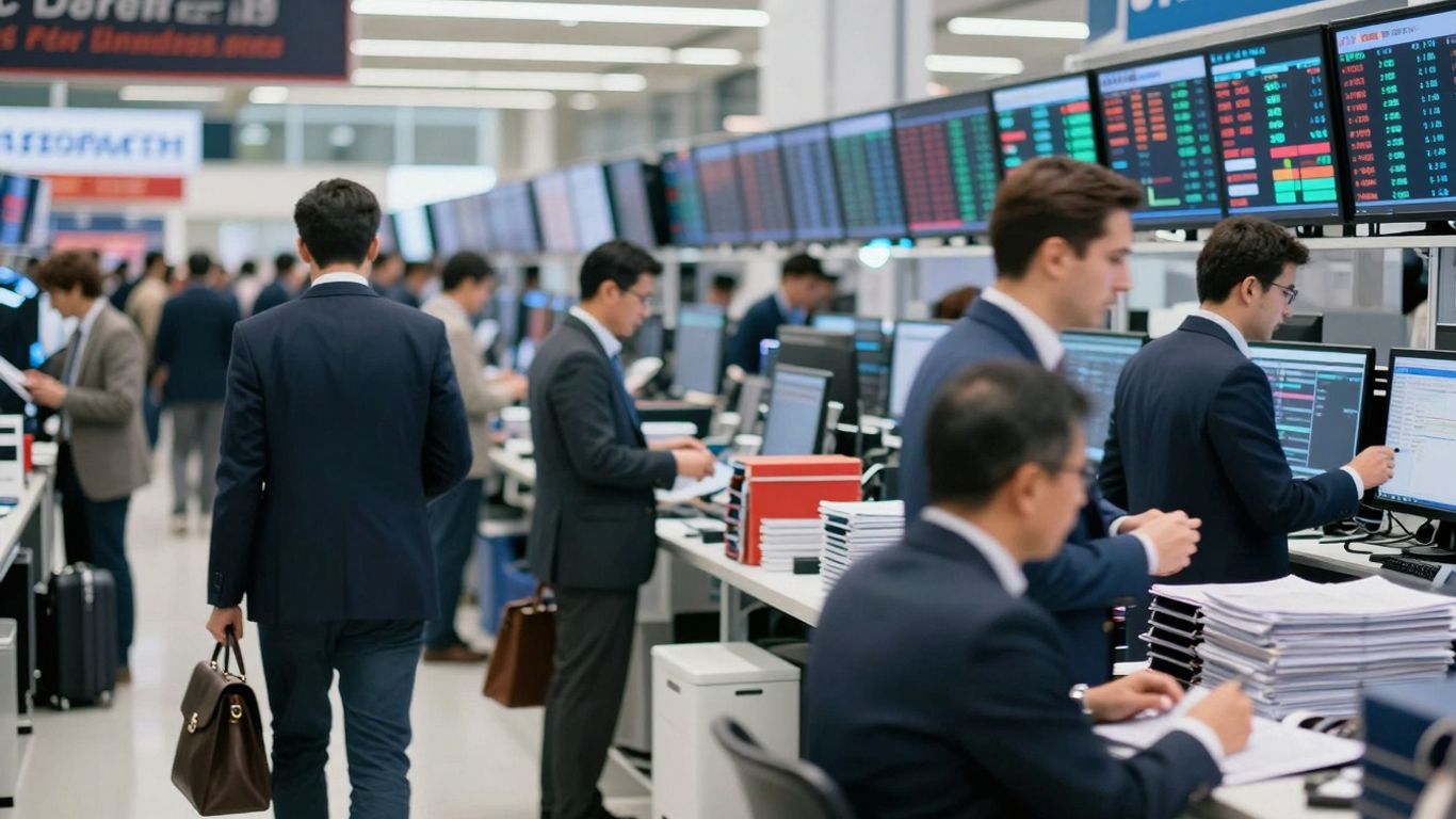 Trading floor with active investors and market activity.