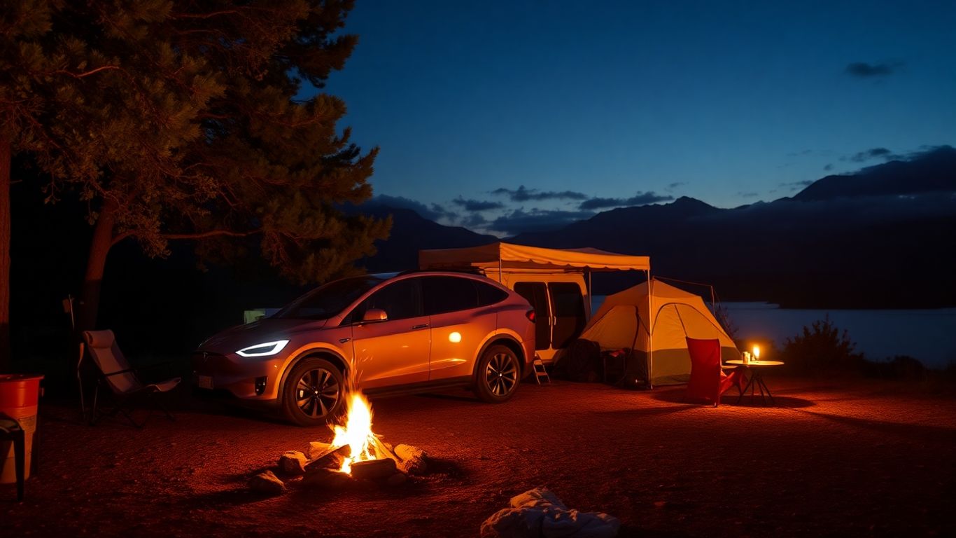 Tesla car at campsite with camping gear.
