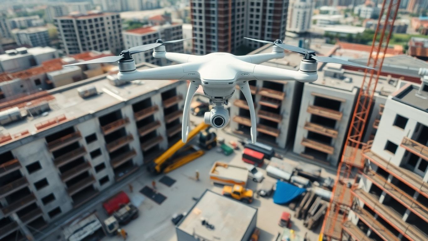 Drone surveying a construction site from above.