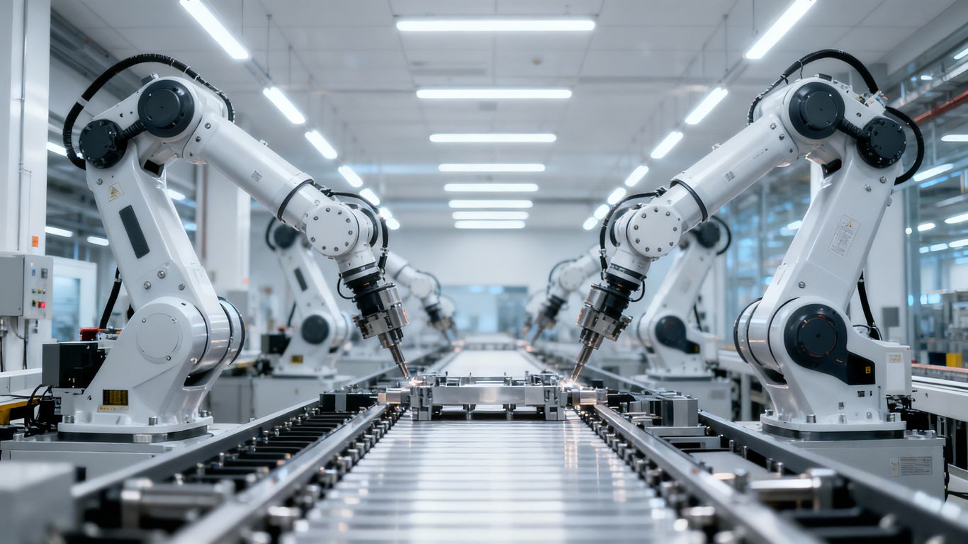 Factory robots on assembly line