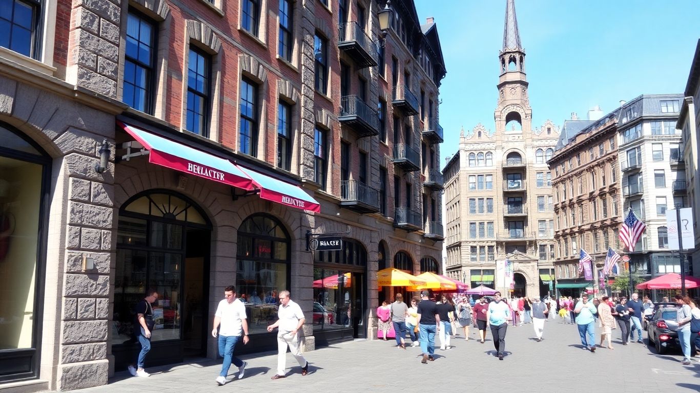 Old Montreal street with historic buildings and people