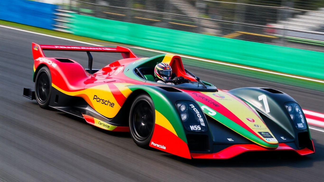 Porsche Formula E race car in motion on track.