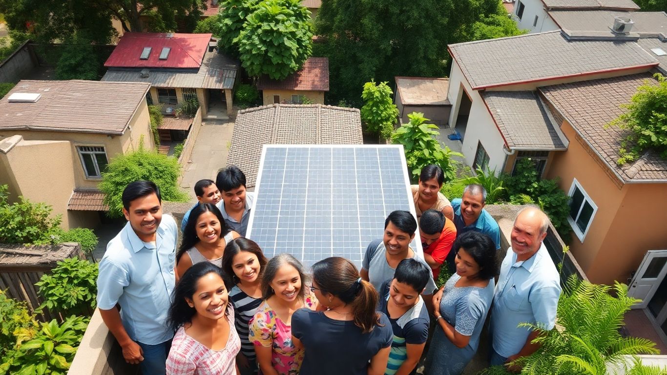 Communauté solaire sur un toit ensoleillé.