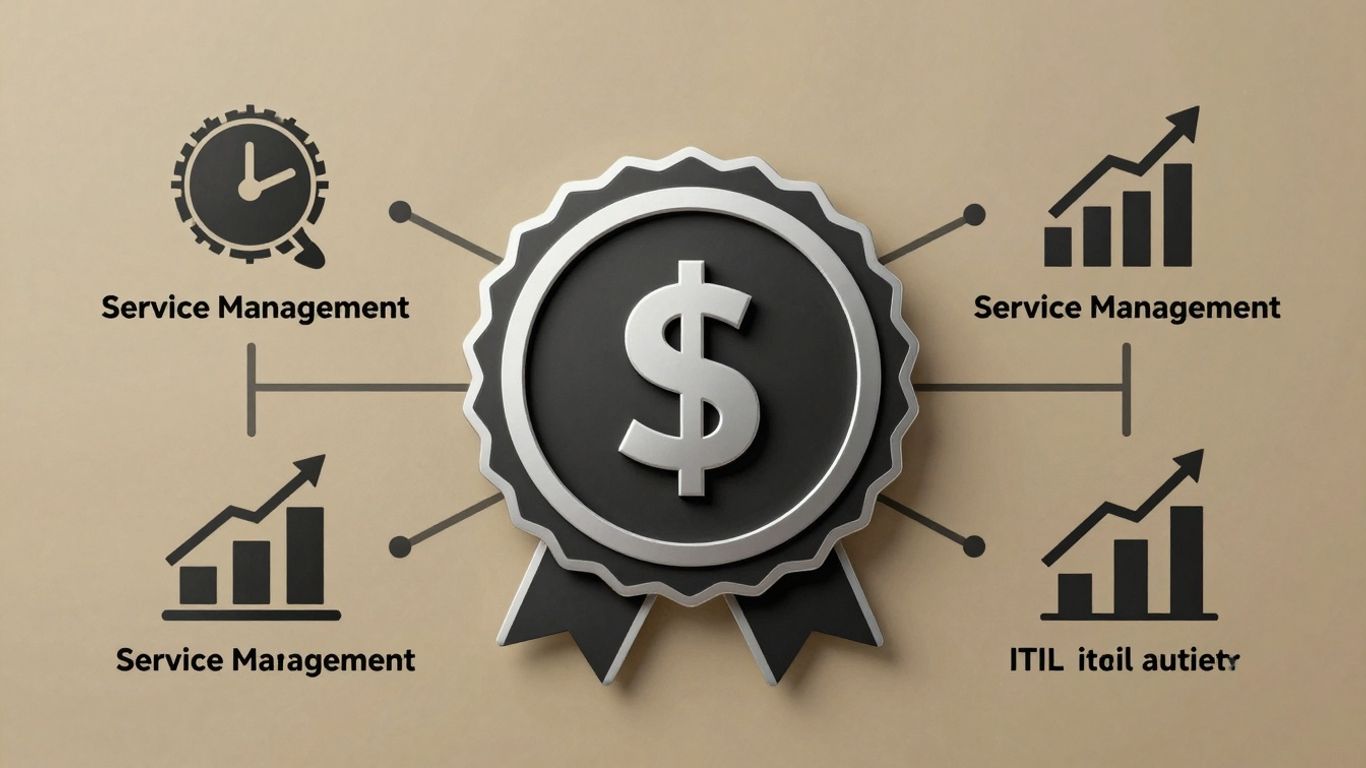 ITIL certification cost infographic with dollar sign and icons.
