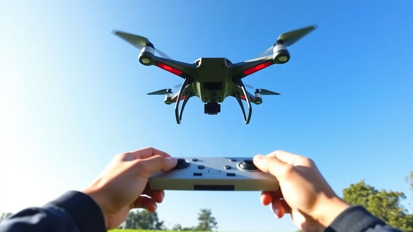 Beginner drone taking flight with controller.