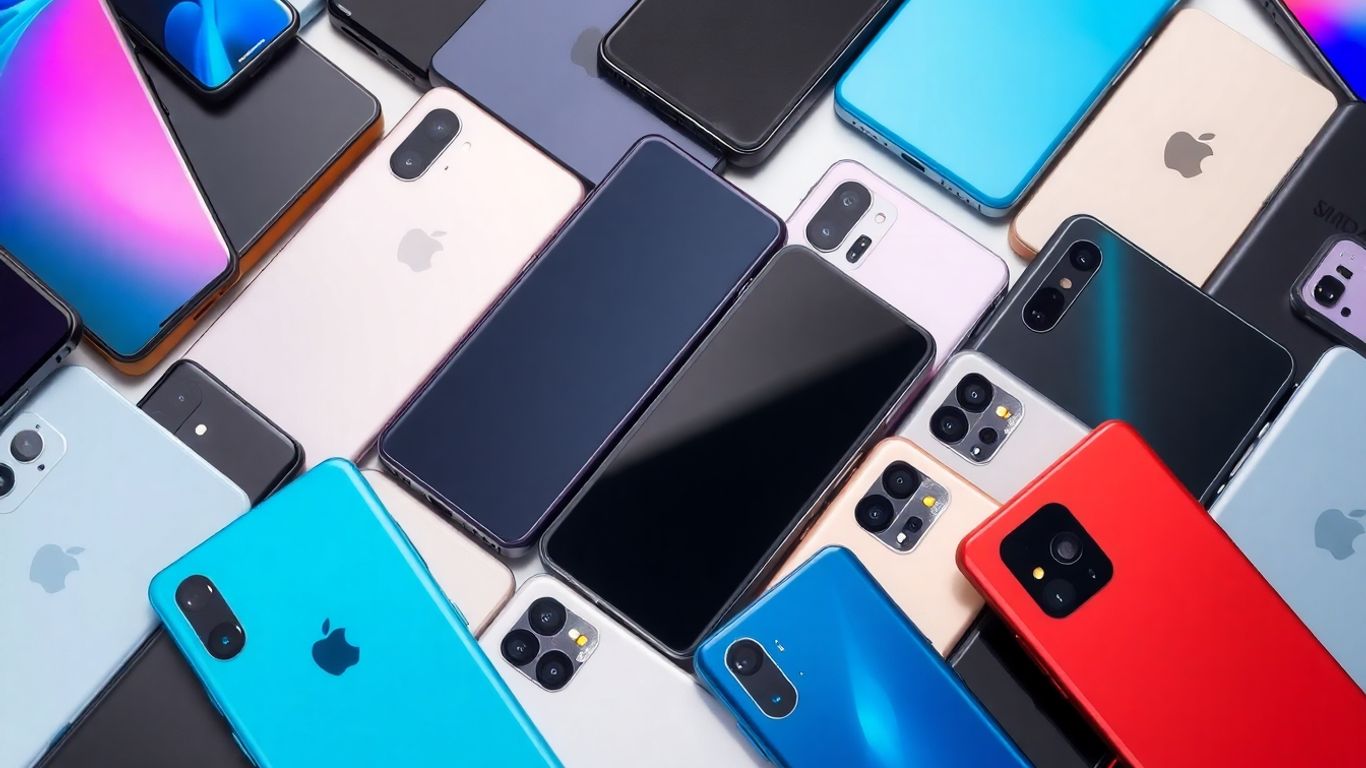 Various modern smartphones displayed artfully.