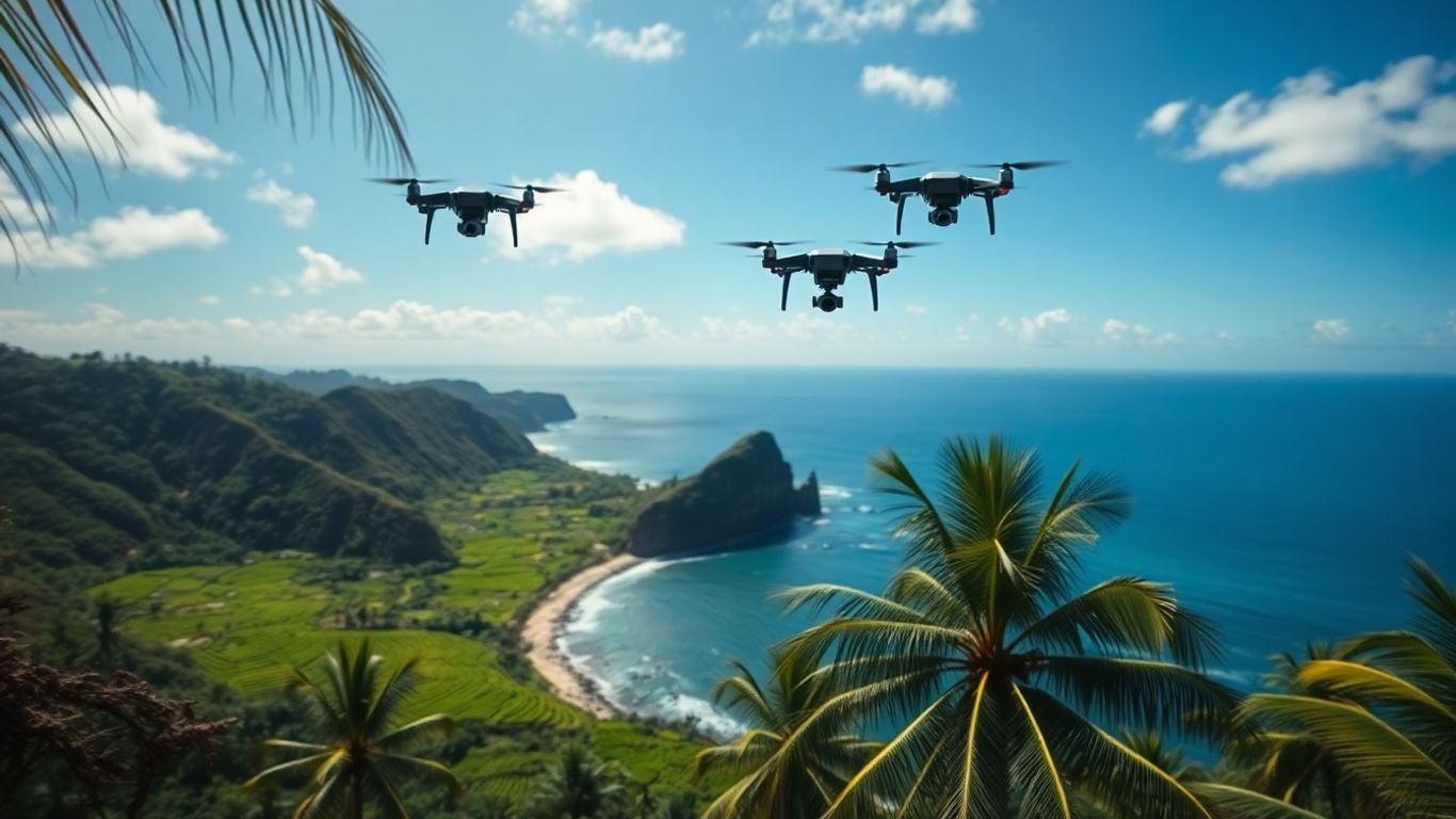Drone terbang di atas sawah dan pantai Bali yang indah