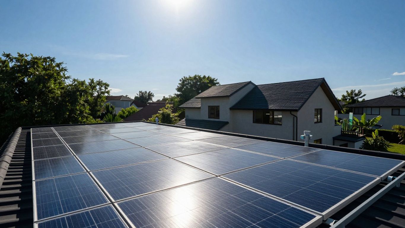 Panneaux solaires sur un toit avec une maison.