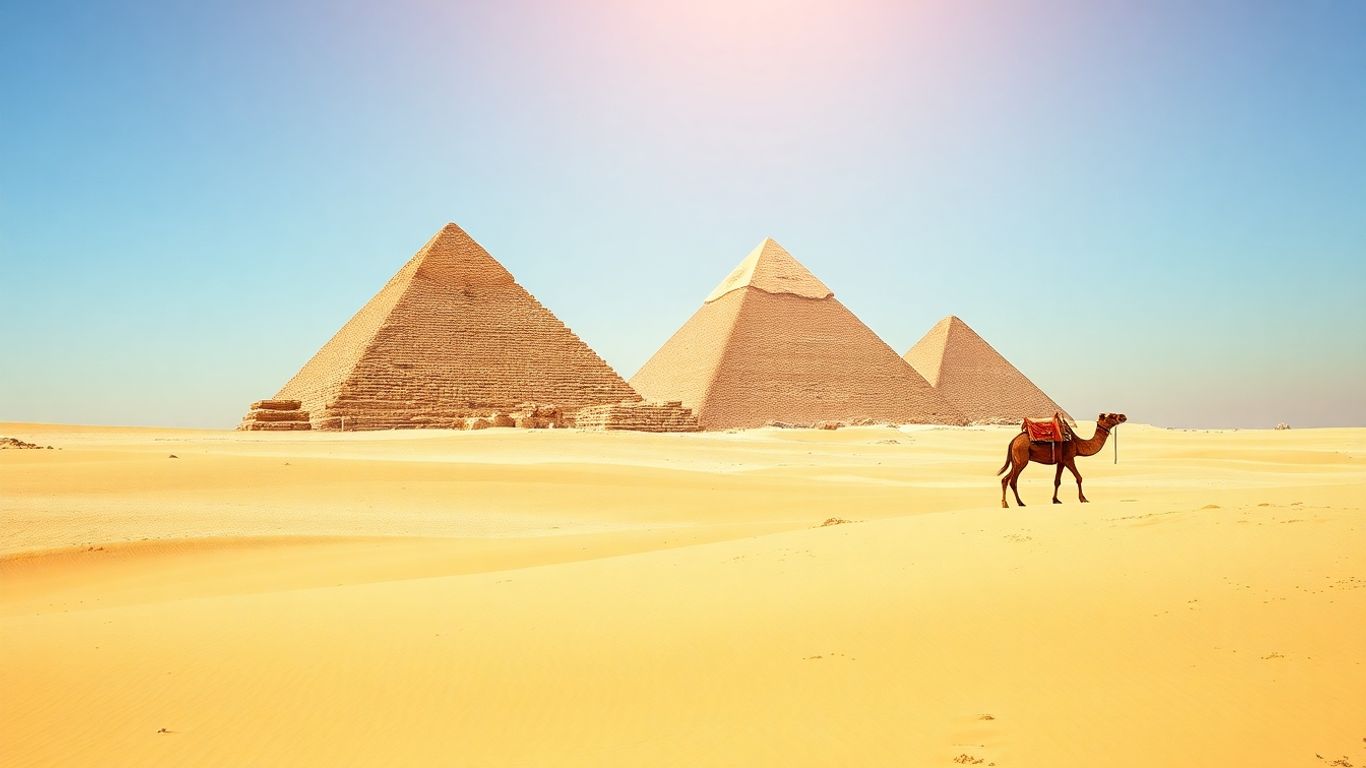 Pyramids of Giza with camels in the desert.